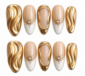 Golden Flow medium almond French tip gold press on nails by Kakakoo product photo