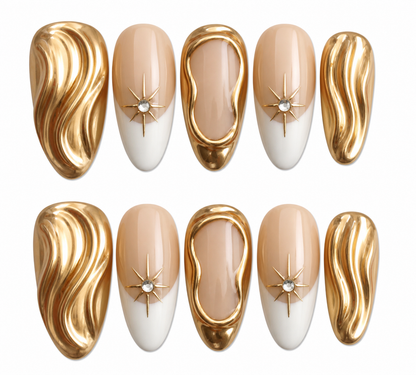Golden Flow medium almond French tip gold press on nails by Kakakoo product photo