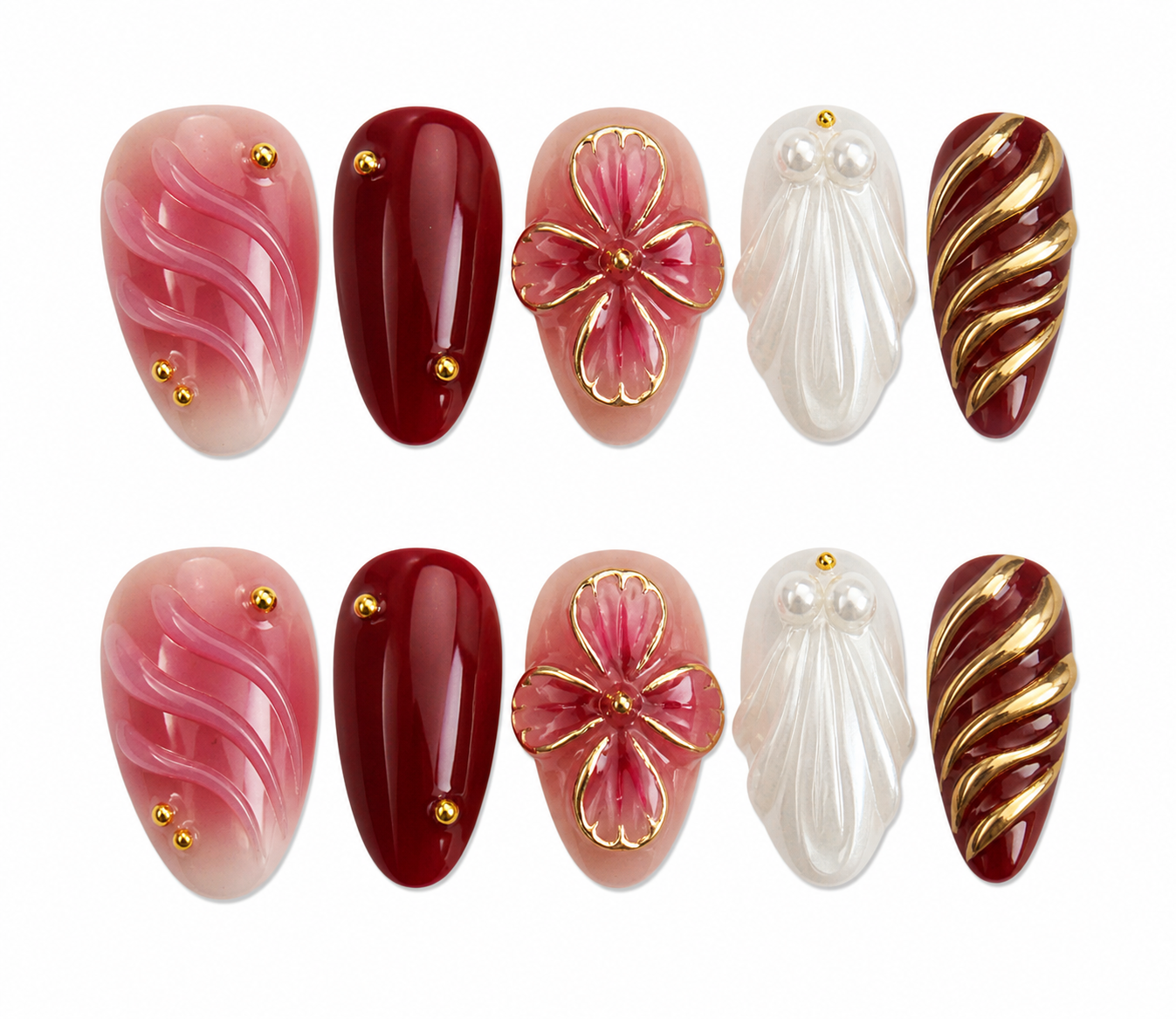 Crimson Petal short almond floral press on nails by Kakakoo product photo
