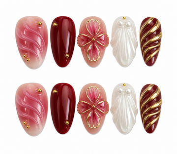 Crimson Petal short almond floral press on nails by Kakakoo product photo