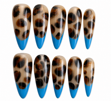 Blue Leopard stiletto French tip blue press on nails by Kakakoo product photo
