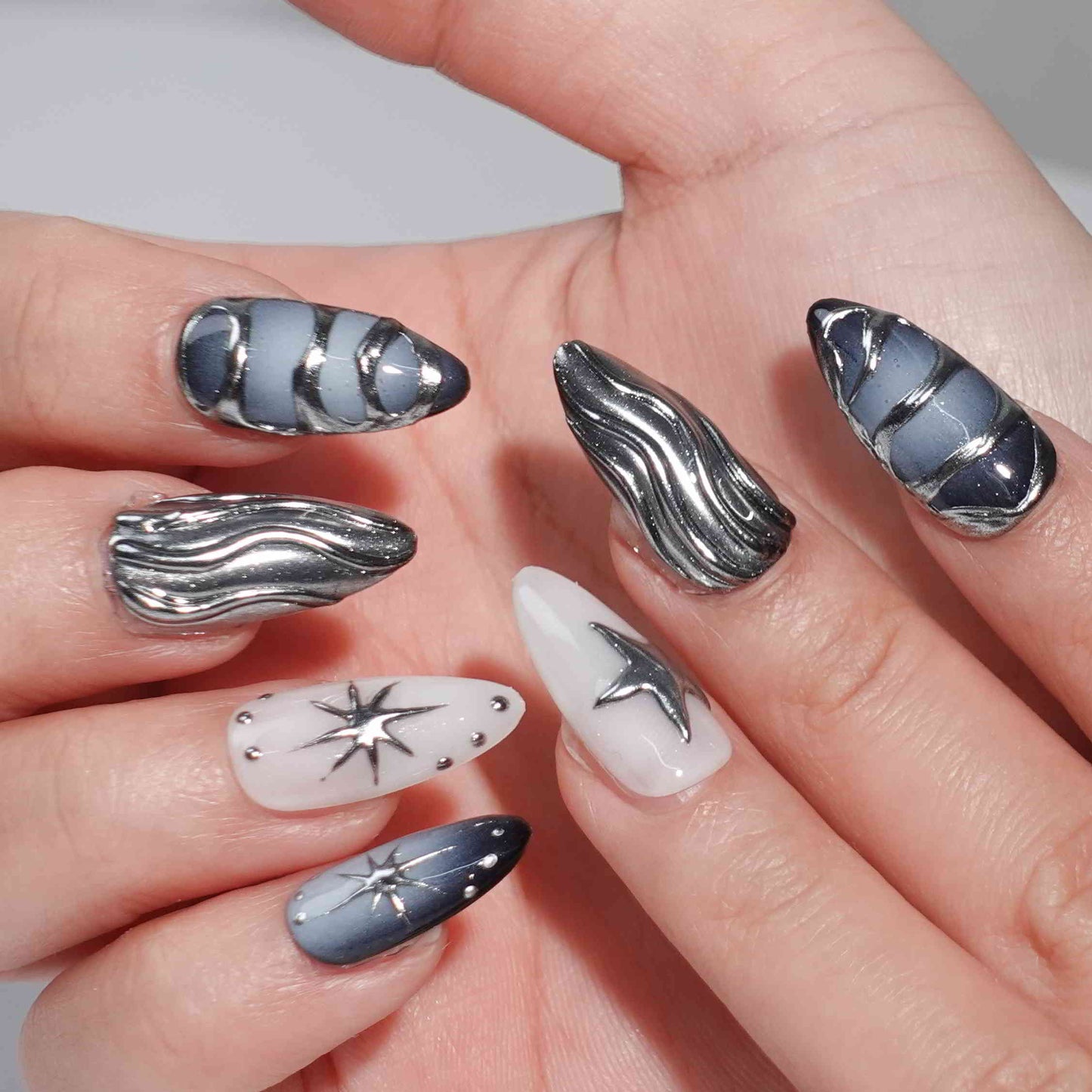 Midnight Metallic medium almond chrome press on nails by Kakakoo detail photo 2