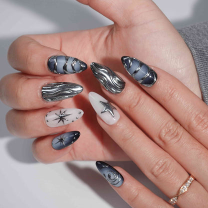 Midnight Metallic medium almond chrome press on nails by Kakakoo detail photo 3
