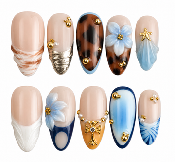 Falling Blue medium almond floral blue press on nails by Kakakoo product photo