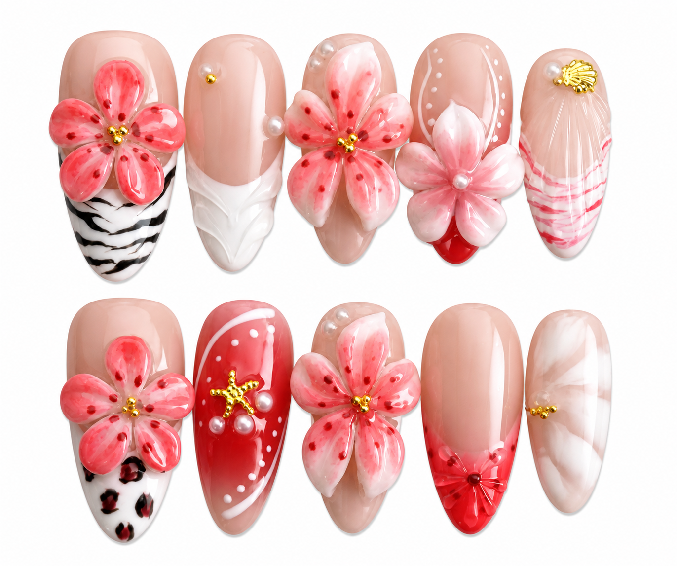 Coral medium almond floral press on nails by Kakakoo product photo