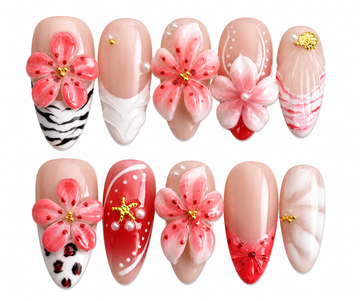 Coral medium almond floral press on nails by Kakakoo product photo