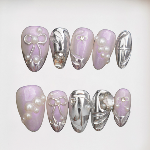 Violet Bow Short Almond Chrome Press-on Nails