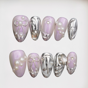 Violet Bow Short Almond Chrome Press-on Nails