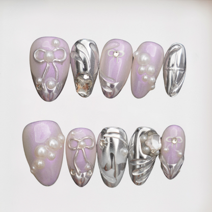 Violet Bow Short Almond Chrome Press-on Nails