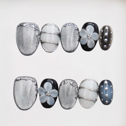 Steel Bloom Short Round Chrome,3D Floral Press-on Nails