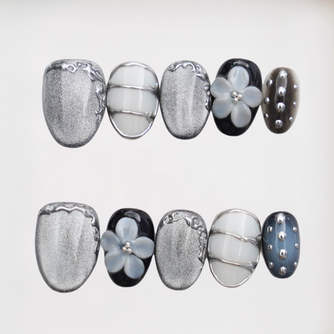 Steel Bloom Short Round Chrome,3D Floral Press-on Nails