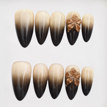 Gilded Noir Midium Almond 3D Floral,Cat Eye Press-on Nails
