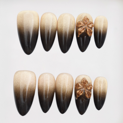 Gilded Noir Midium Almond 3D Floral,Cat Eye Press-on Nails