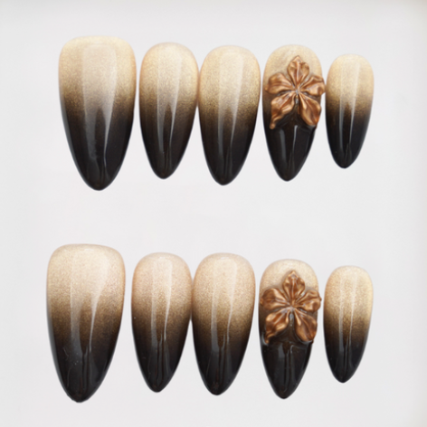 Gilded Noir Midium Almond 3D Floral,Cat Eye Press-on Nails