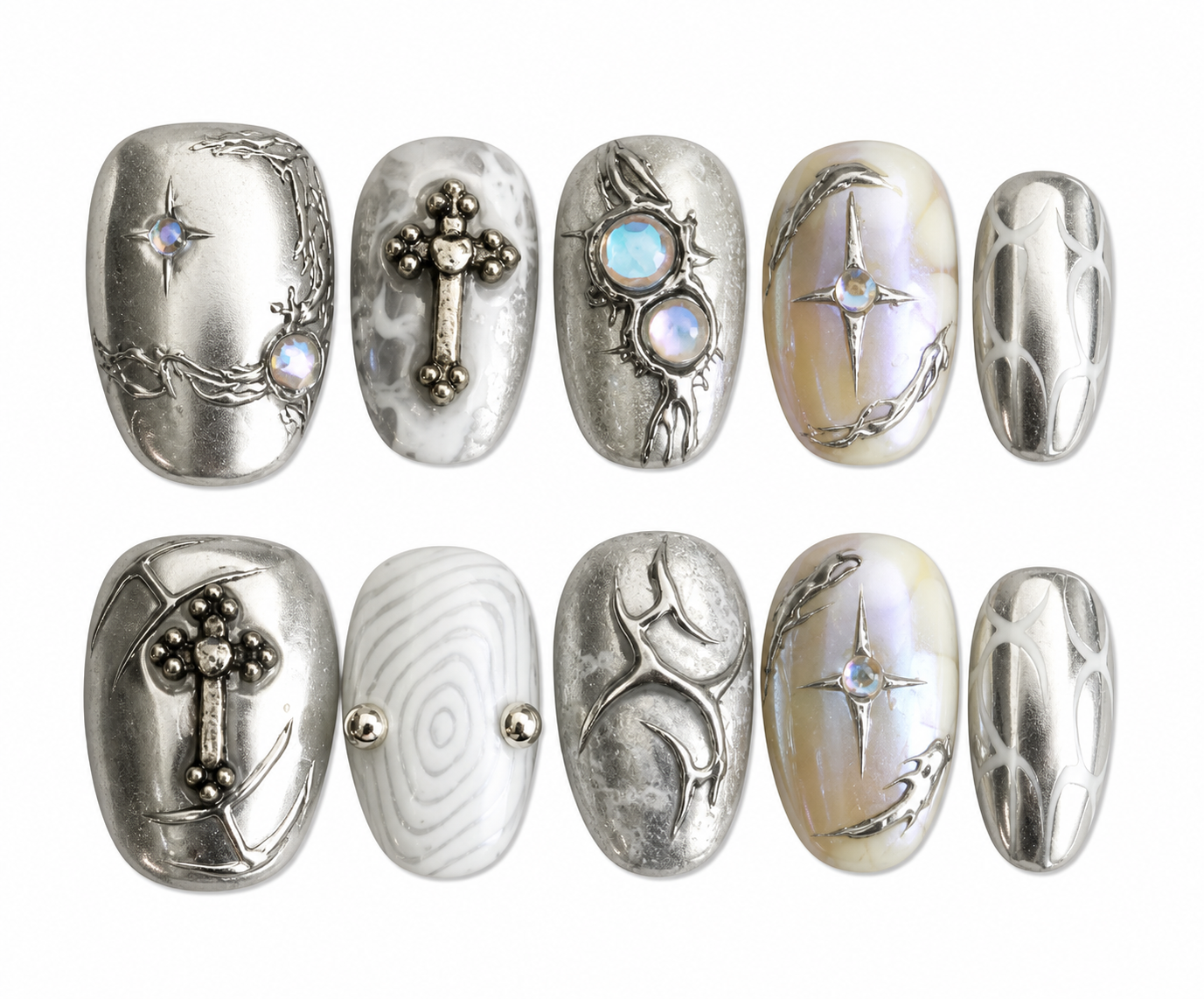 Lunar Relic round chrome press on nails by Kakakoo product photo