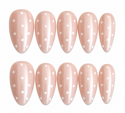 White dots short almond glazed white press on nails by Kakakoo product photo