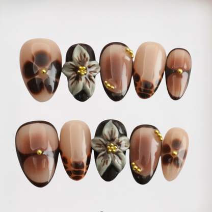 Noir Flora Short Almond 3D Floral,Autumn Press-on Nails
