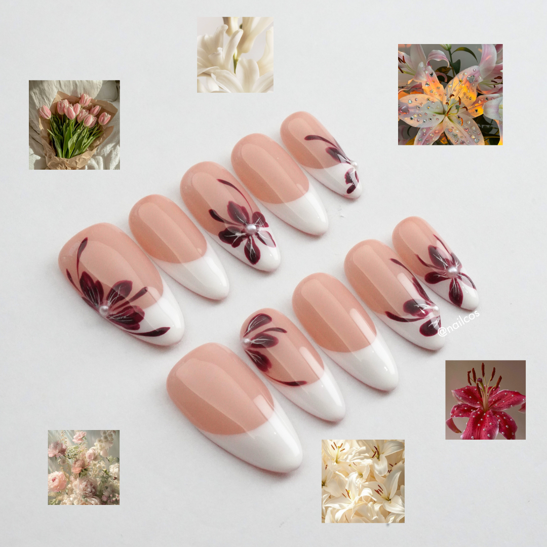 Wine Petal medium almond glazed nude press on nails by Kakakoo detail photo 2