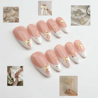 Stardust Milk medium almond French tip nude press on nails by Kakakoo detail photo 2