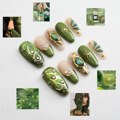 Emerald Grove medium almond floral press on nails by Kakakoo detail photo 2