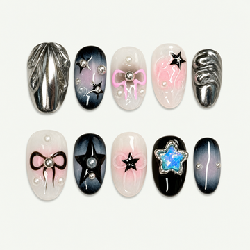 Candy Noir Bow Graphic Press-On Nails - NS0143