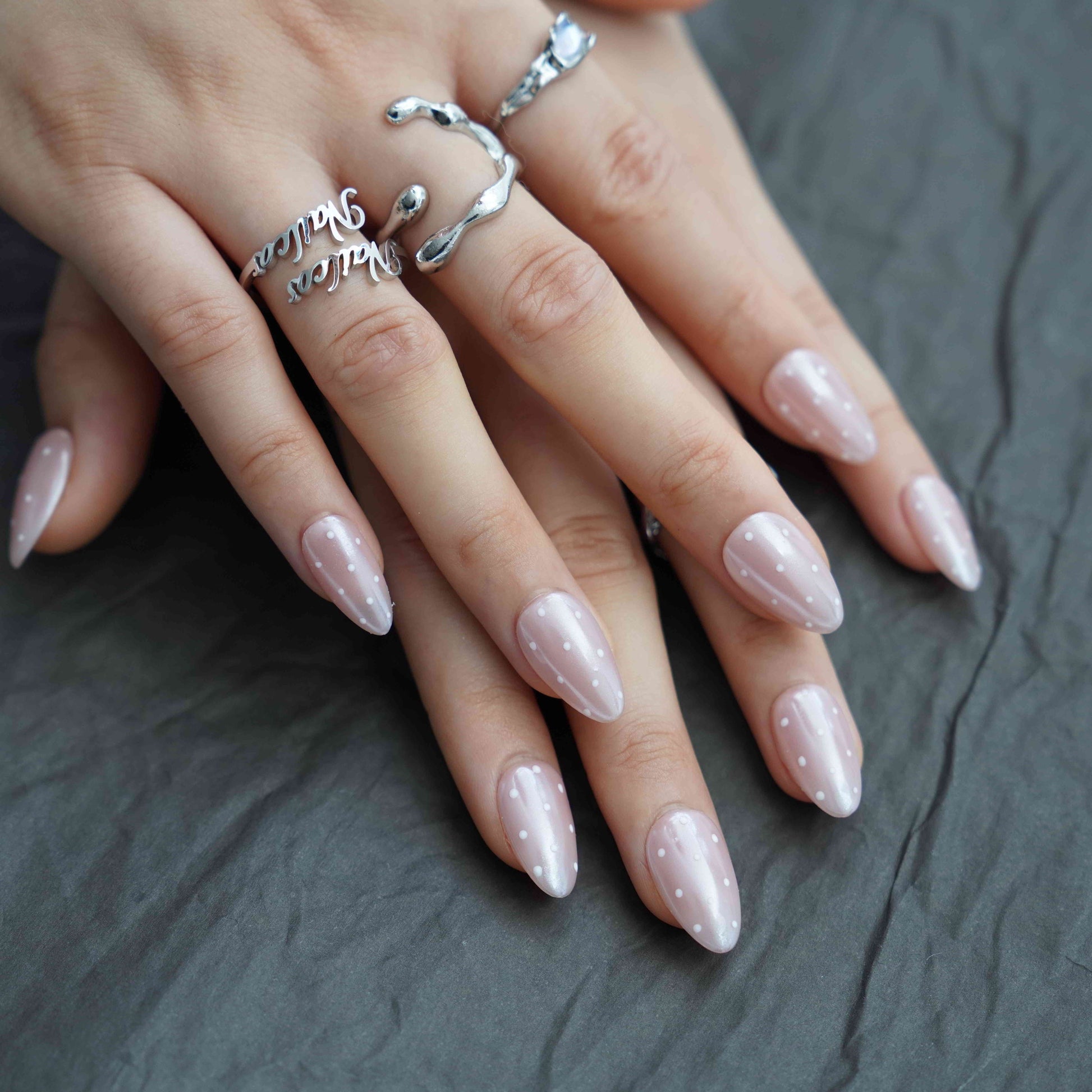 White dots short almond glazed white press on nails by Kakakoo detail photo 2