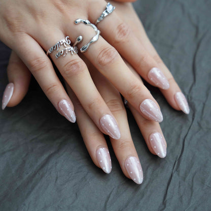 White dots short almond glazed white press on nails by Kakakoo detail photo 2