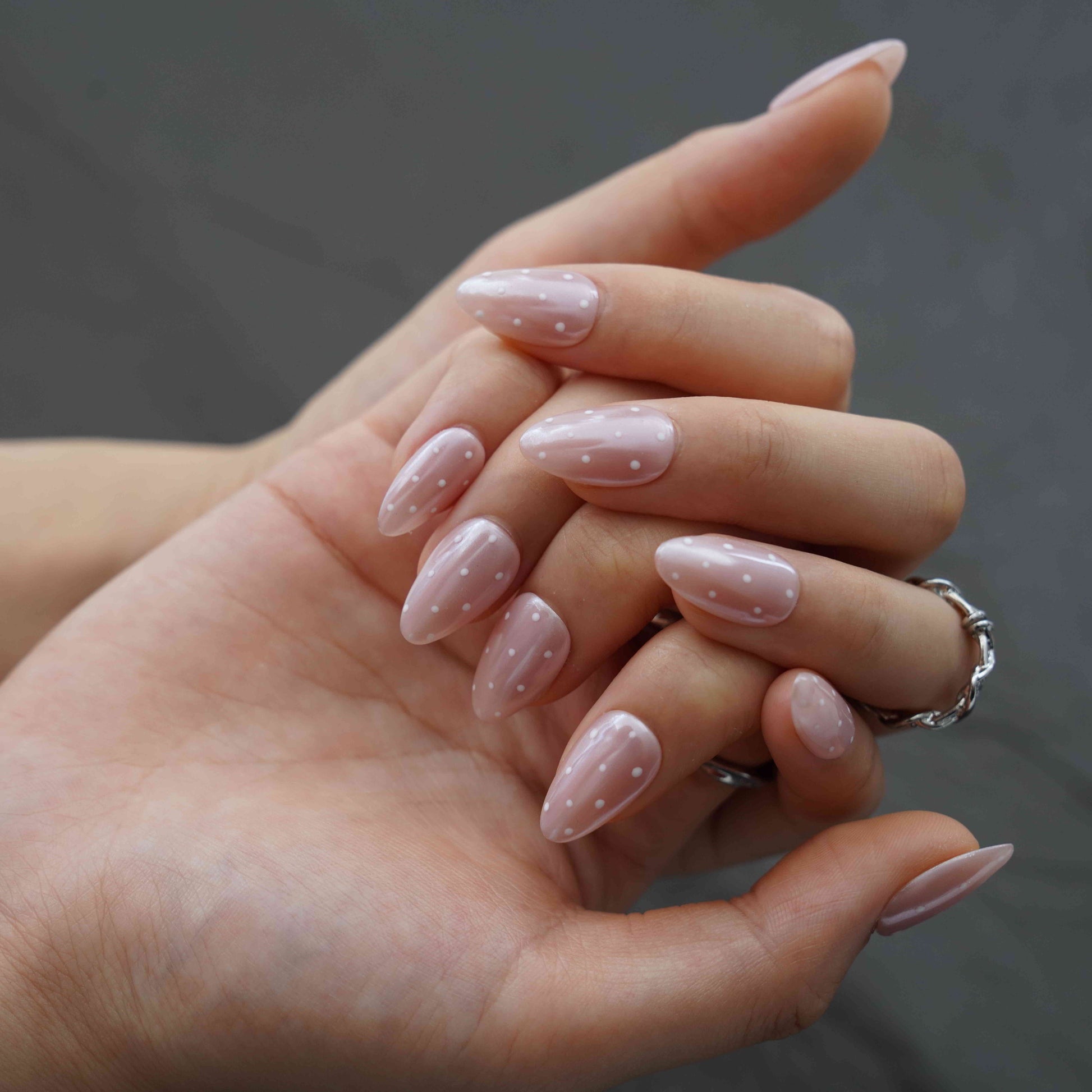 White dots short almond glazed white press on nails by Kakakoo detail photo 3