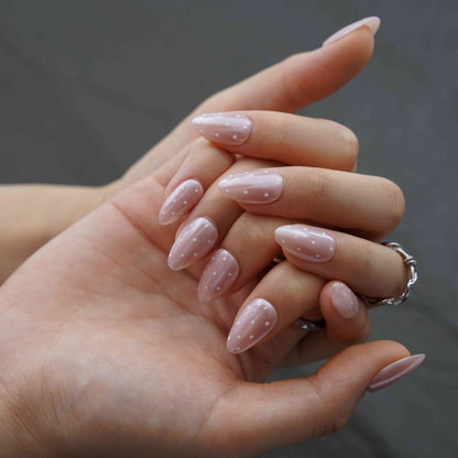 White dots short almond glazed white press on nails by Kakakoo detail photo 3