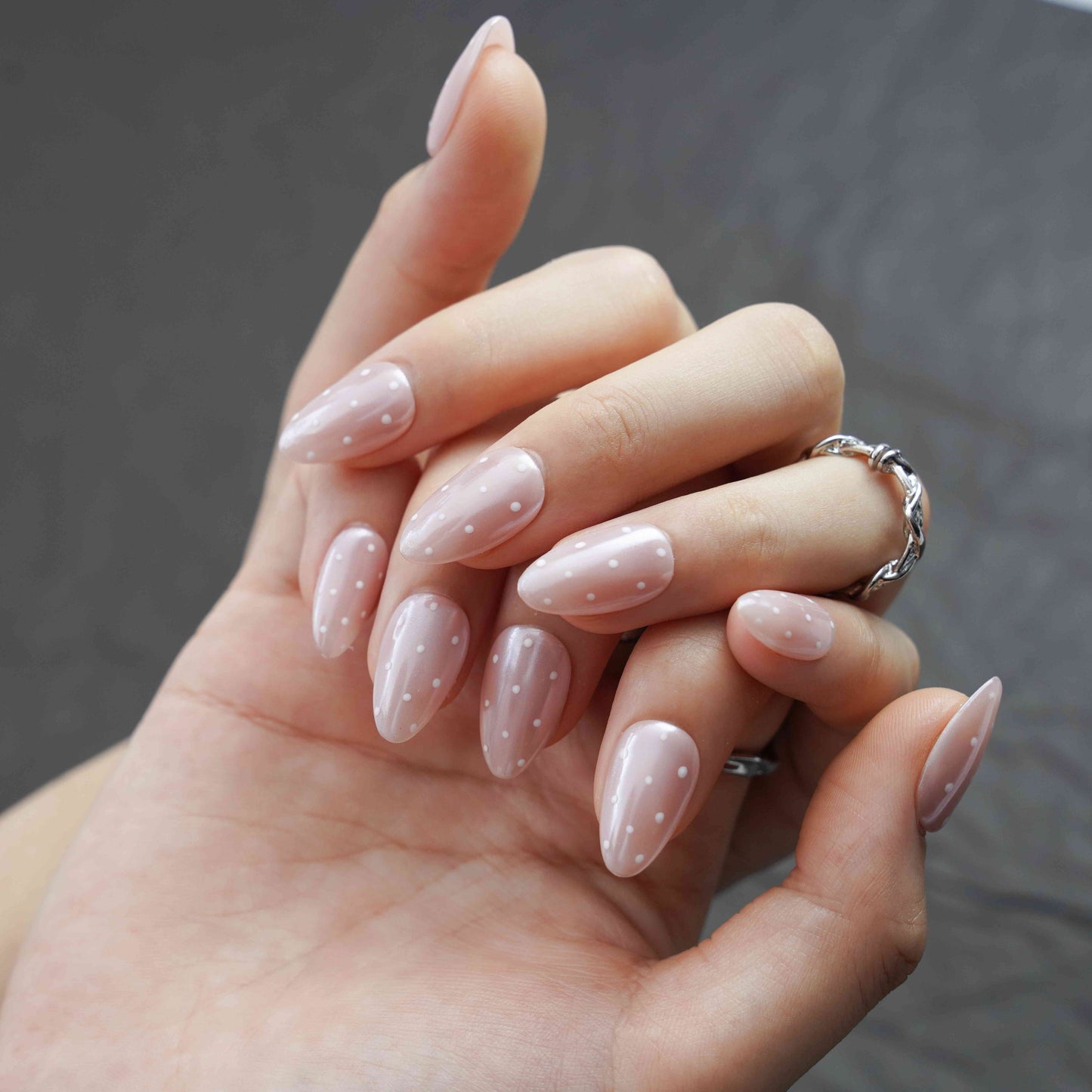 White dots short almond glazed white press on nails by Kakakoo detail photo 4