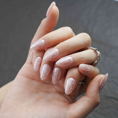 White dots short almond glazed white press on nails by Kakakoo detail photo 4