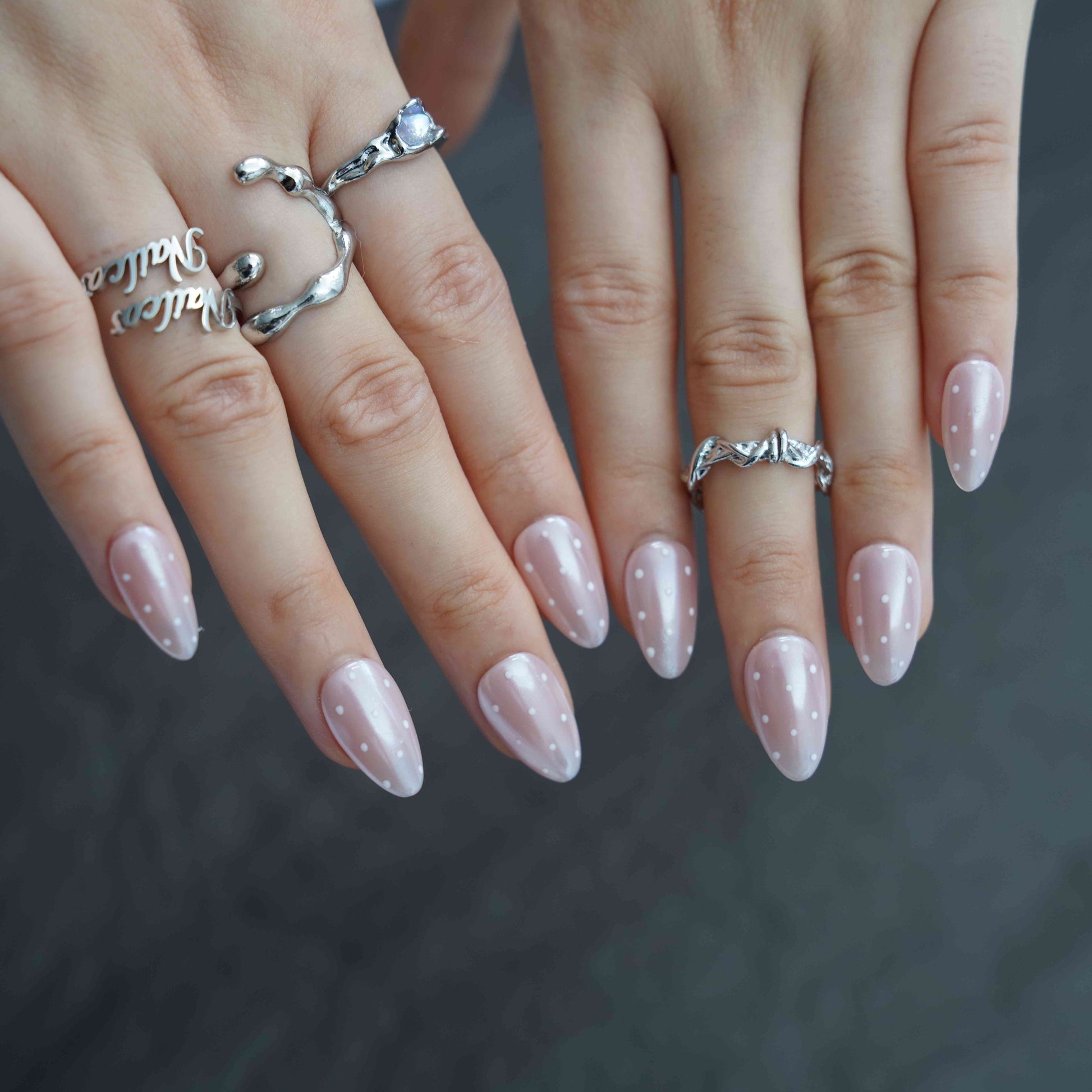 White dots short almond glazed white press on nails by Kakakoo detail photo 5
