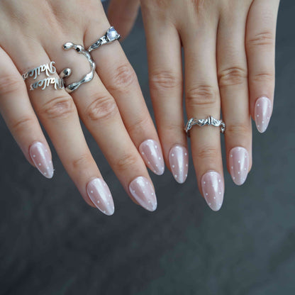 White dots short almond glazed white press on nails by Kakakoo detail photo 5