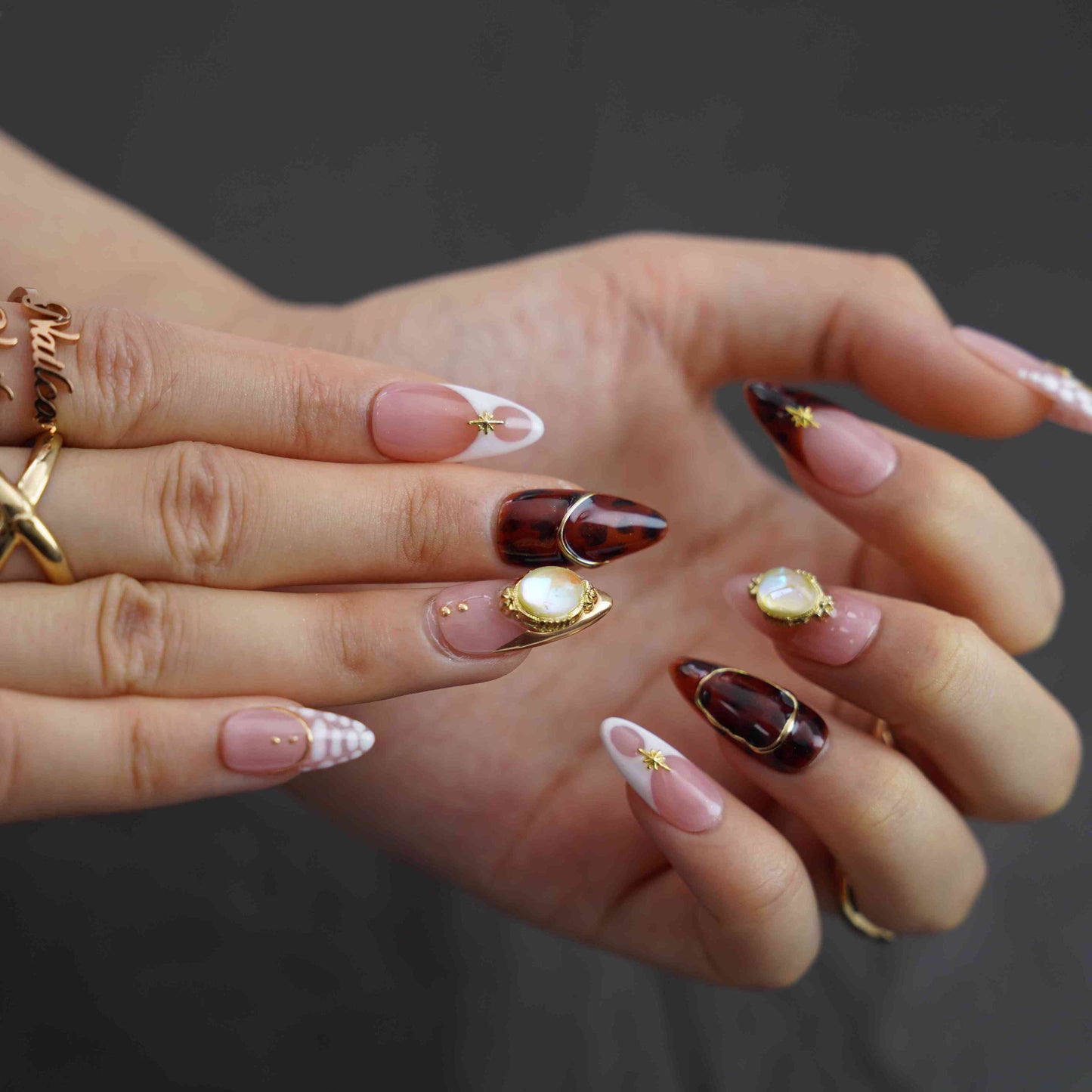 Golden Glitz medium almond French tip gold press on nails by Kakakoo detail photo 5