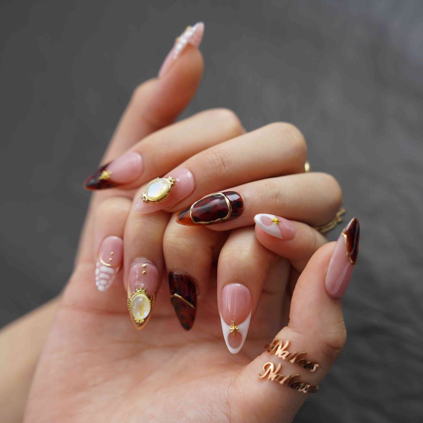 Golden Glitz medium almond French tip gold press on nails by Kakakoo detail photo 4