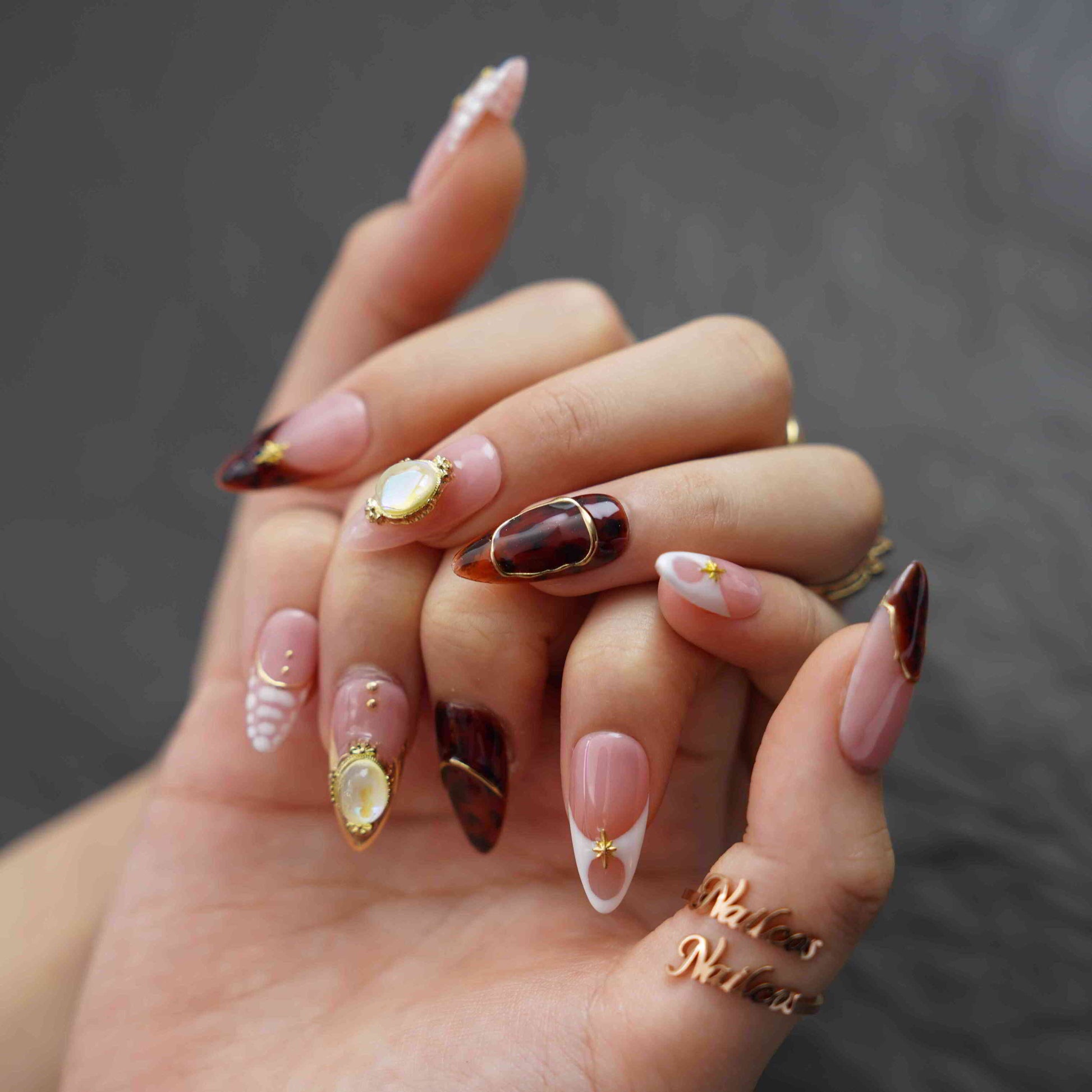 Golden Glitz medium almond French tip gold press on nails by Kakakoo detail photo 4