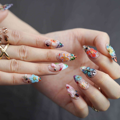Flora Fauna medium almond floral red press on nails by Kakakoo detail photo 6