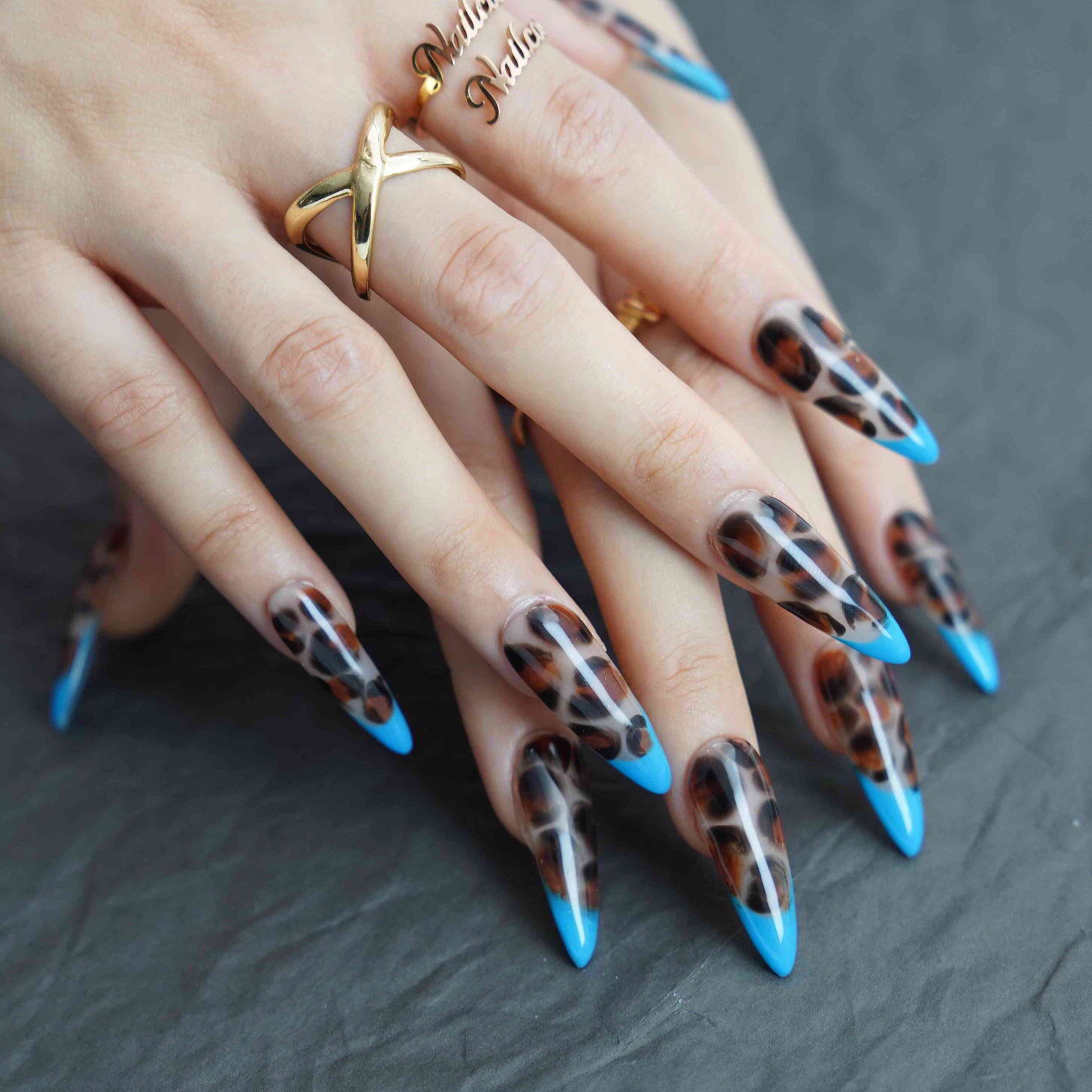 Blue Leopard stiletto French tip blue press on nails by Kakakoo detail photo 4