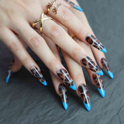 Blue Leopard stiletto French tip blue press on nails by Kakakoo detail photo 4
