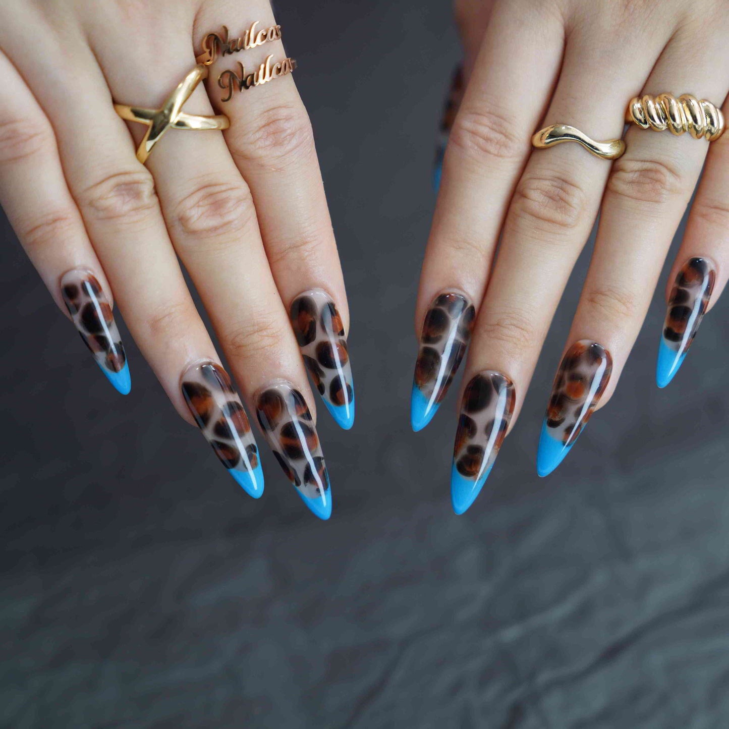 Blue Leopard stiletto French tip blue press on nails by Kakakoo detail photo 2
