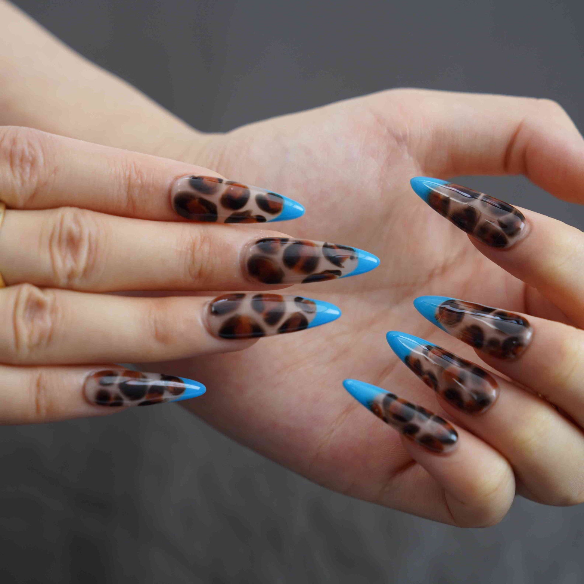 Blue Leopard stiletto French tip blue press on nails by Kakakoo detail photo 3