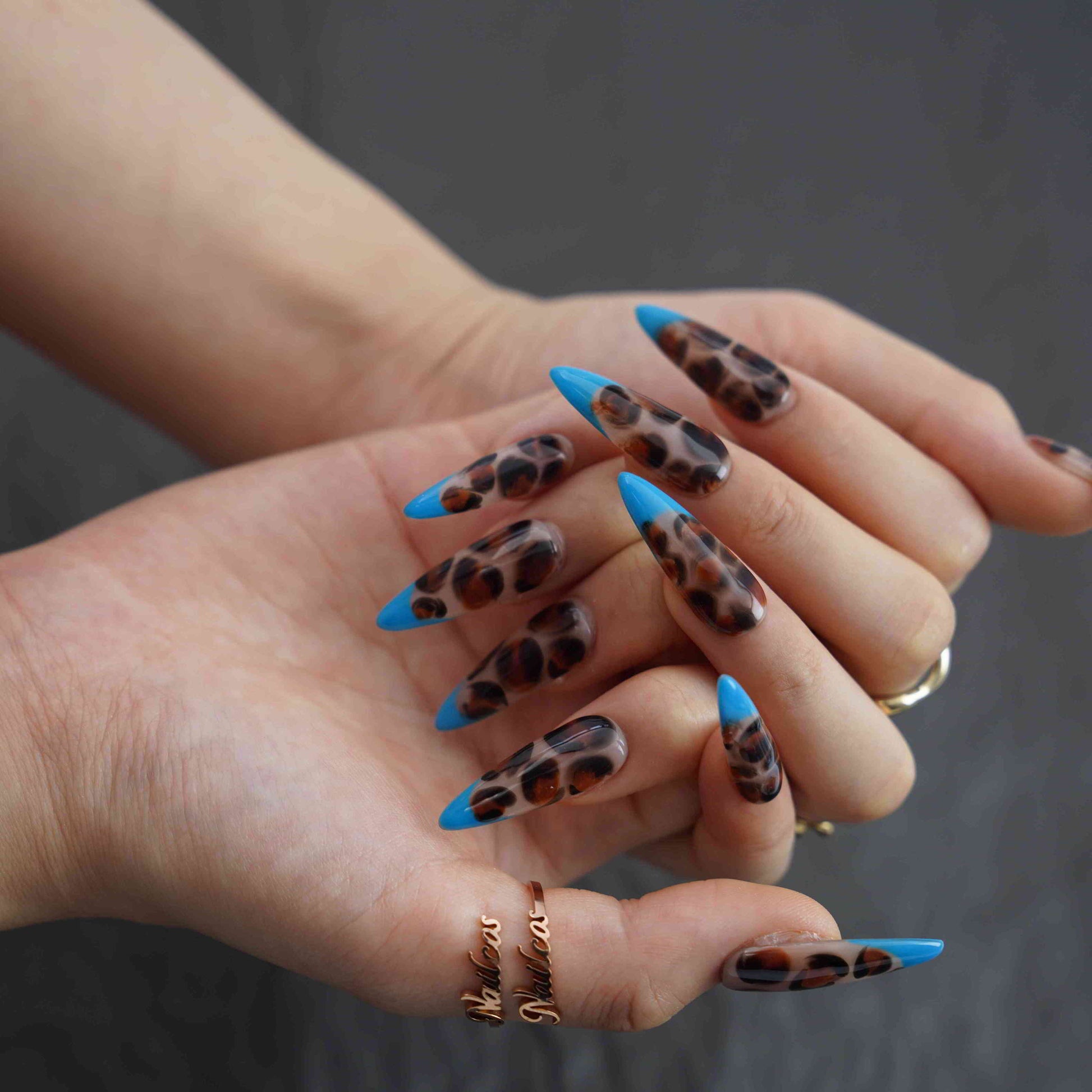 Blue Leopard stiletto French tip blue press on nails by Kakakoo detail photo 5