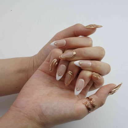 Golden Flow medium almond French tip gold press on nails by Kakakoo detail photo 2