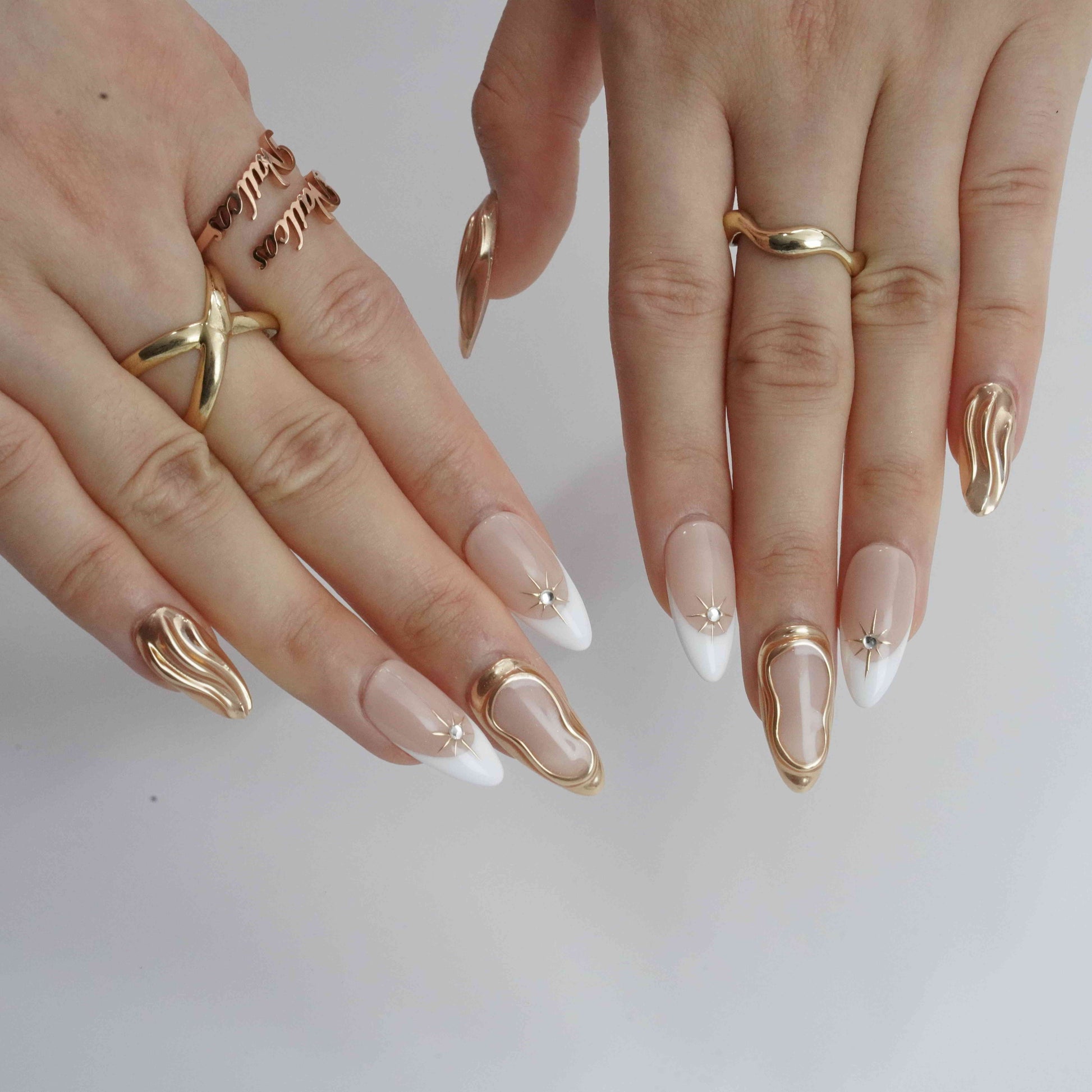 Golden Flow medium almond French tip gold press on nails by Kakakoo detail photo 4