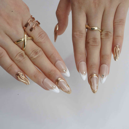 Golden Flow medium almond French tip gold press on nails by Kakakoo detail photo 4