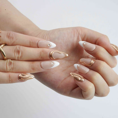 Golden Flow medium almond French tip gold press on nails by Kakakoo detail photo 5