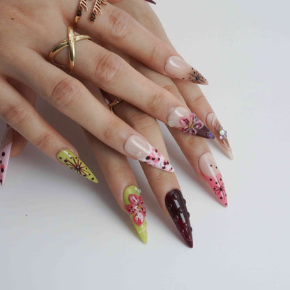 Blush Garden stiletto floral press on nails by Kakakoo detail photo 3