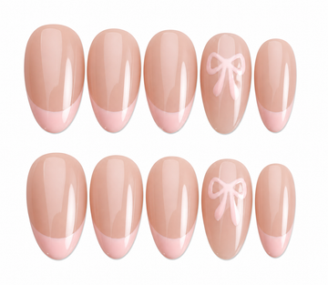 Pink bow short almond French tip pink press on nails by Kakakoo product photo