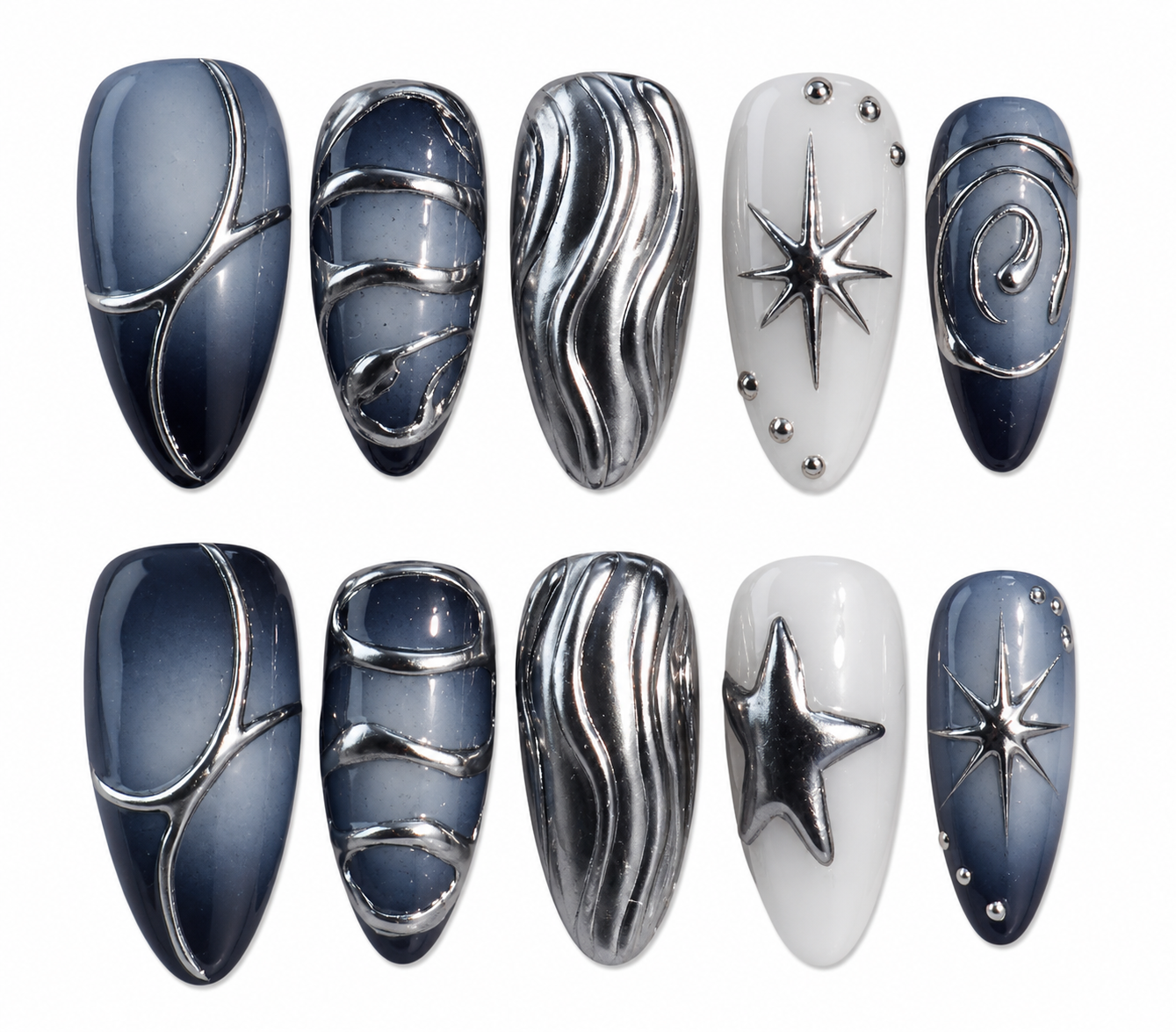 Midnight Metallic medium almond chrome press on nails by Kakakoo product photo