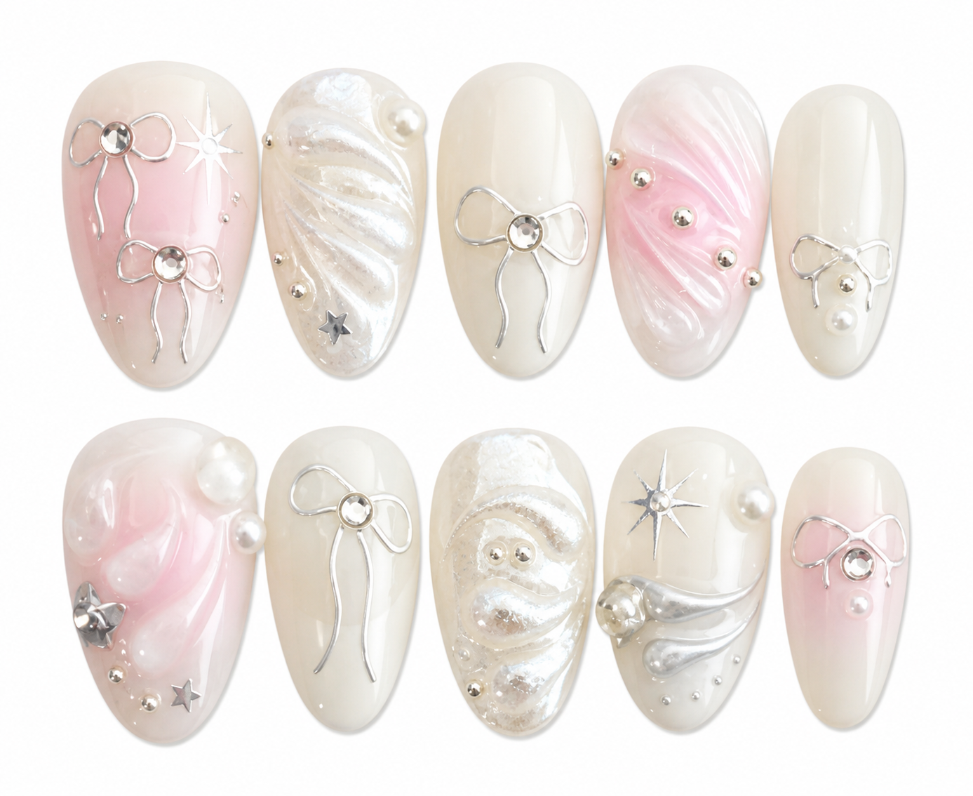 Silver Morning short almond chrome silver press on nails by Kakakoo product photo